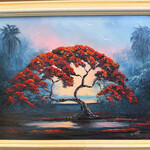 Rare Finds West Evans, "Poinciana with 2 Palms", oil on board, framed, 16.5x13.5", RARE