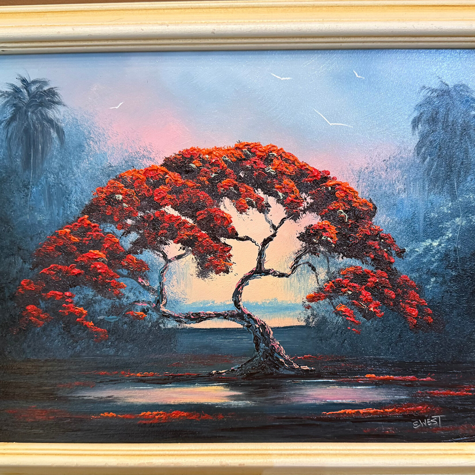 Rare Finds West Evans, "Poinciana with 2 Palms", oil on board, framed, 16.5x13.5", RARE