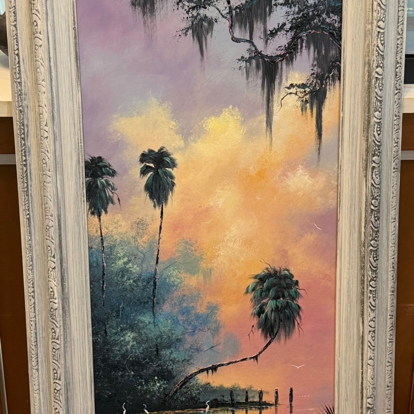 Rare Finds West Evans, "Cotton Candy Sunset", oil on board, framed, 17.5x29.5", RARE