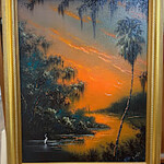 Highwaymen: Original, 2nd Generation, Legacy West Evans, "Fire Sky w/Egret",  orig oil on board, 17x21", framed, RARE