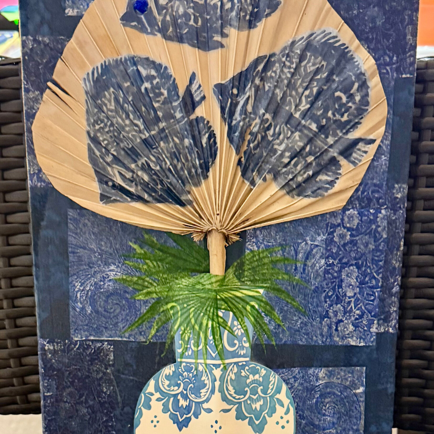 Pam Maschal Blue Vase with Frond, collage on canvas, 10x20", PAMM
