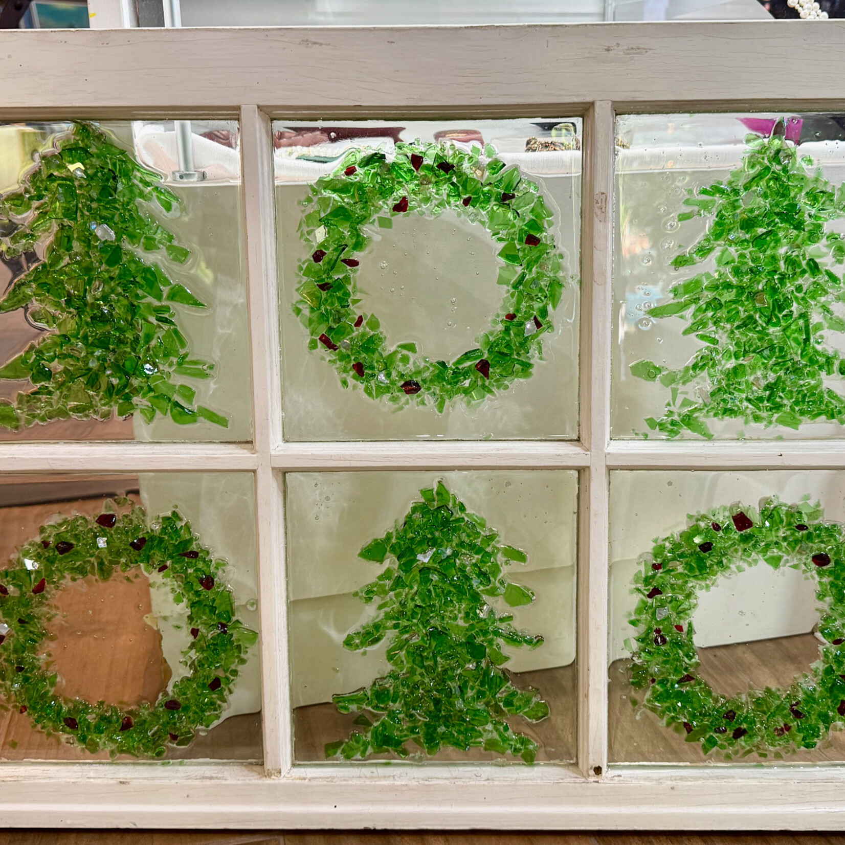 Sue by the Seashore Antique Window, Holiday Trees and Wreaths, 29x21", SUES