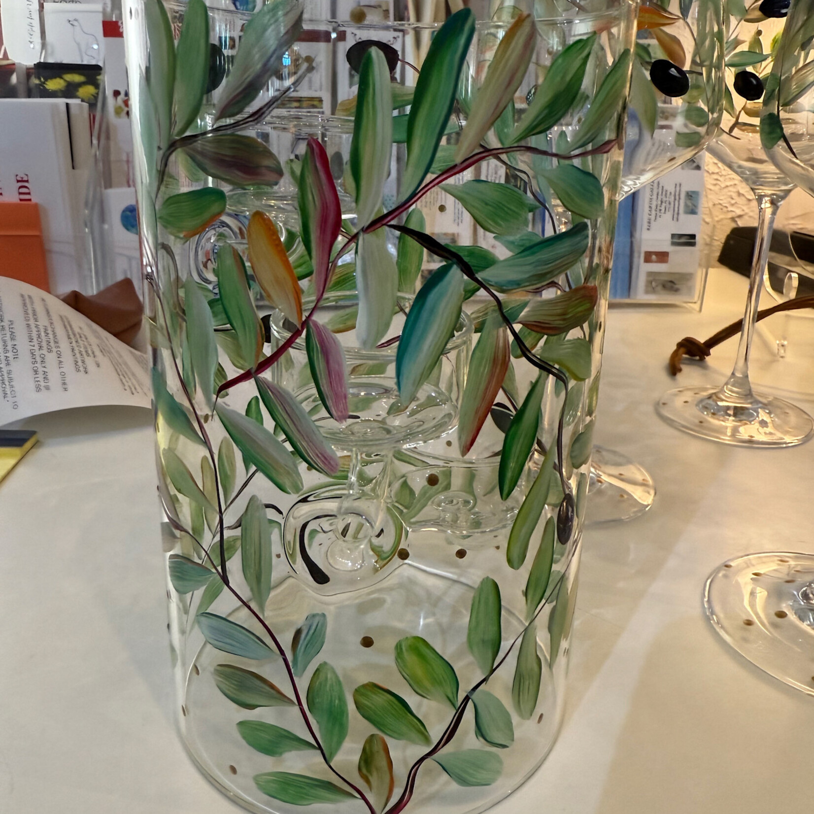 Mary Burnside Candleholder, Triple votive, handpainted glass w/olive vine, 8-10", MARY