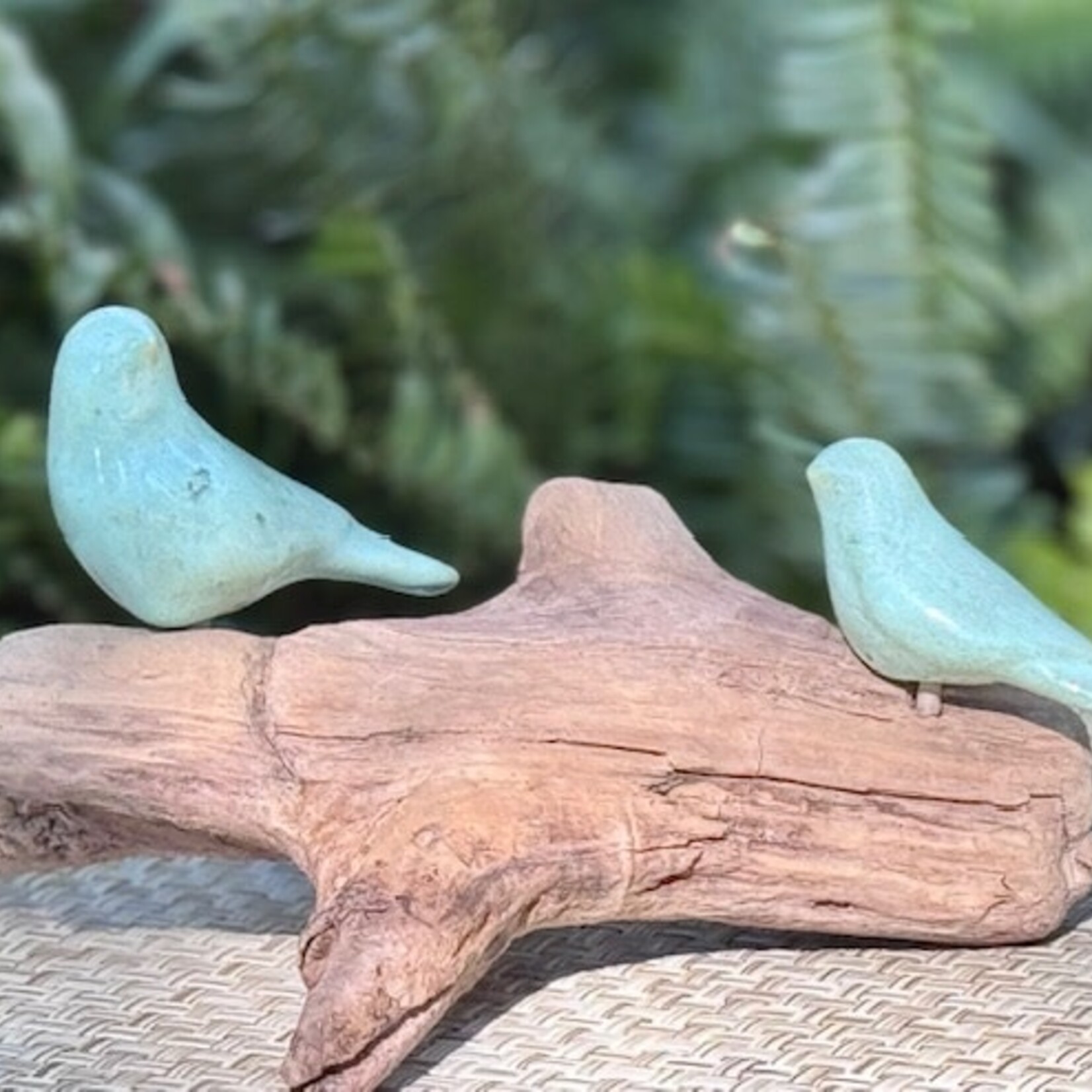Molly Potter Thayer Jade Warbler Pair", birds on driftwood, 11", MOLT