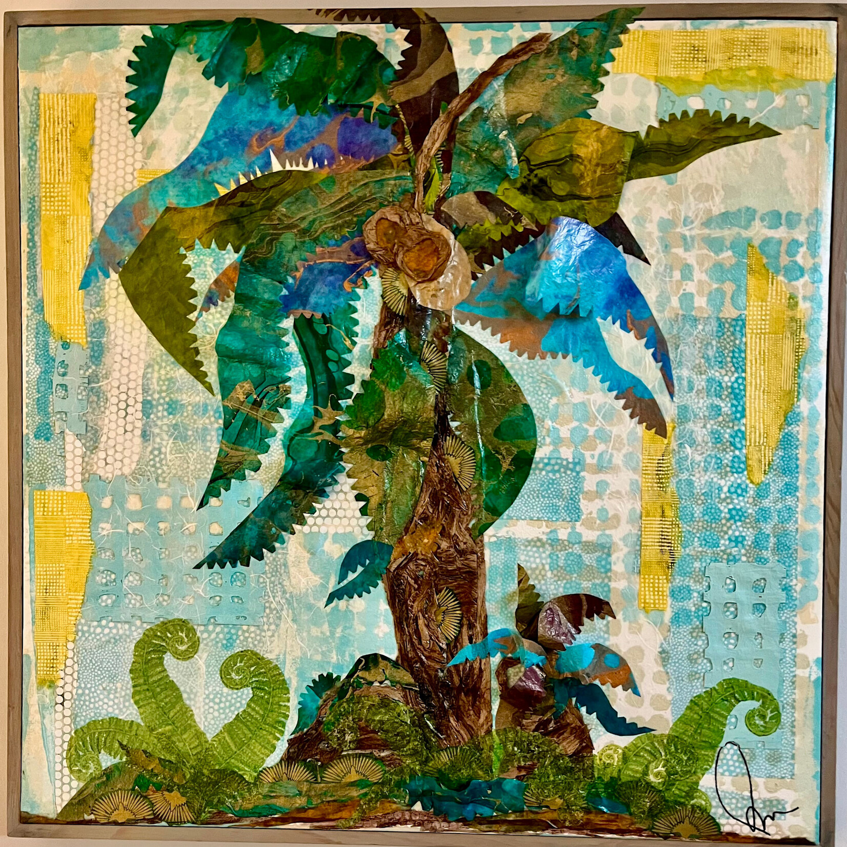 Pam Maschal "Cool Blue Palm" Mixed media collage, 29x29", PAMM