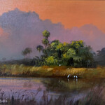Highwaymen: Original, 2nd Generation, Legacy HIGHWAYMEN, Karim Gebahi, Sunset Marsh w/Egrets, signed orig oil on birch panel, framed, @13x12", RARE