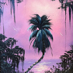 Rare Finds West Evans, "Single Palm at Sunset", oil on board, framed, 11.5x16", RARE