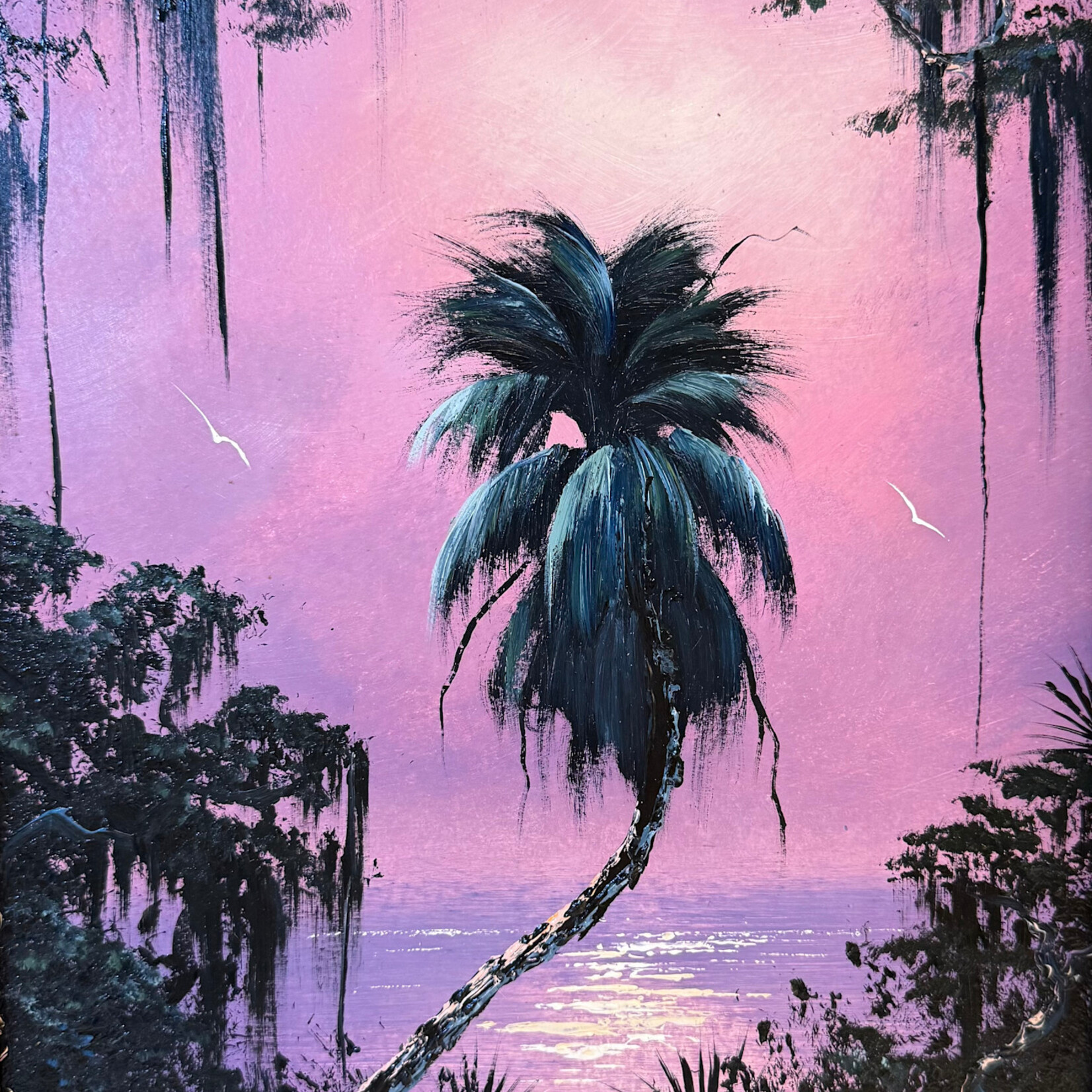 Rare Finds West Evans, "Single Palm at Sunset", oil on board, framed, 11.5x16", RARE