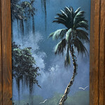 Rare Finds West Evans, "Single Palm in Evening Light", oil on board, framed, 20x8", RARE