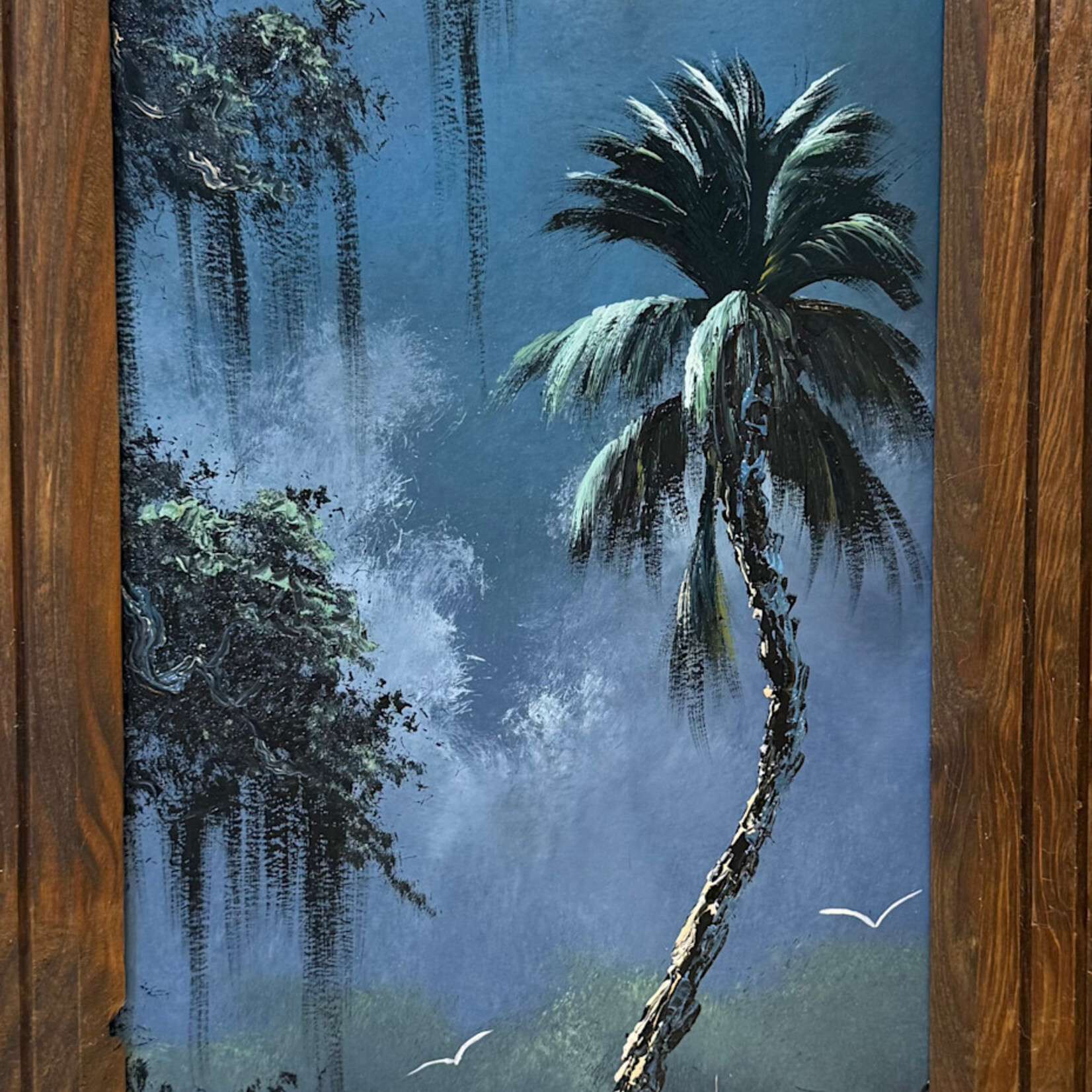 Rare Finds West Evans, "Single Palm in Evening Light", oil on board, framed, 20x8", RARE