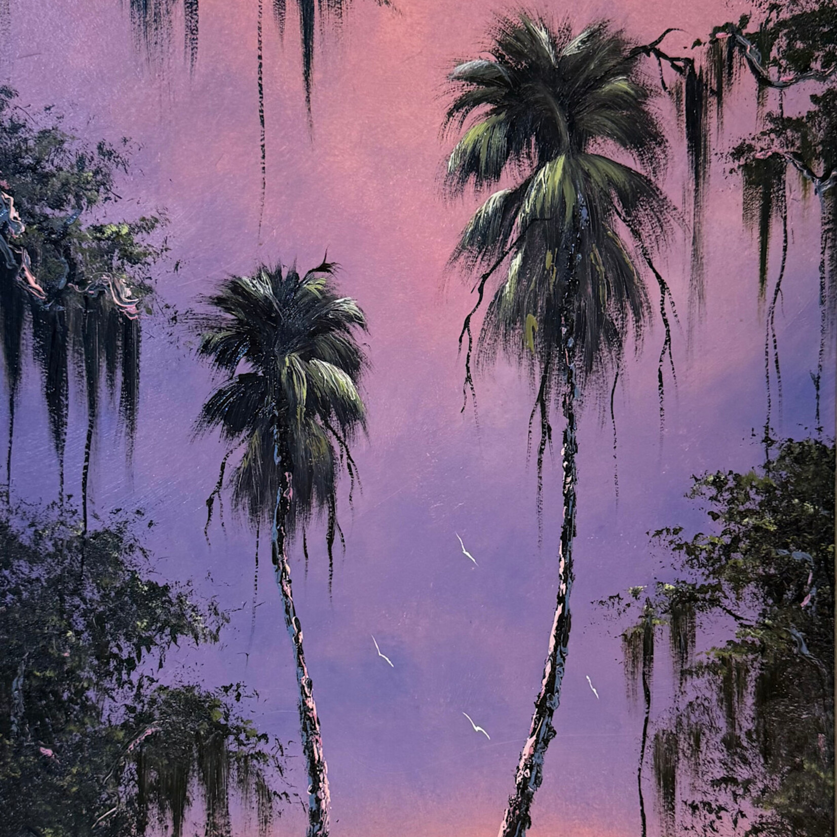 Rare Finds West Evans, "Palms under a Coral Sky", oil on board, framed, 12x20", RARE