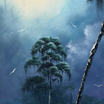 Rare Finds West Evans, "Spoil Island in Moonlight", oil on board, framed, 11x23", RARE