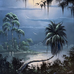 Rare Finds West Evans, "Moonlit Evening w/birds", oil on board, framed, 12x12", RARE