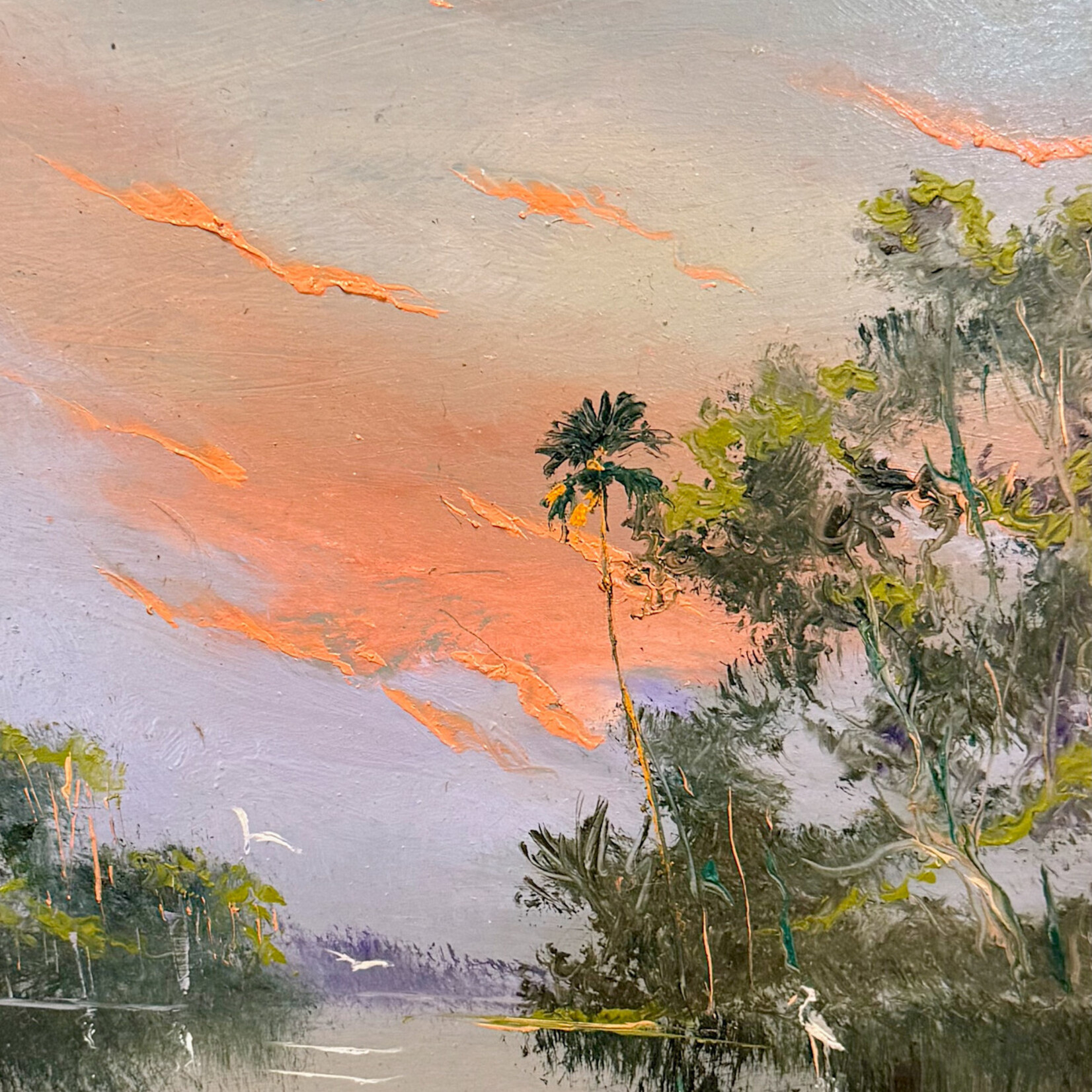 Highwaymen: Original, 2nd Generation, Legacy HIGHWAYMEN, Sam Newton, Firesky w/Egrets,  oil on board,14.5x17.5" framed, RARE