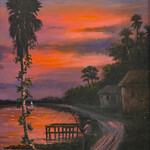 Highwaymen: Original, 2nd Generation, Legacy HIGHWAYMEN, RA Mclendon, Fire Sky with Fisherman, Oil on canvas, 14.5x18", RARE