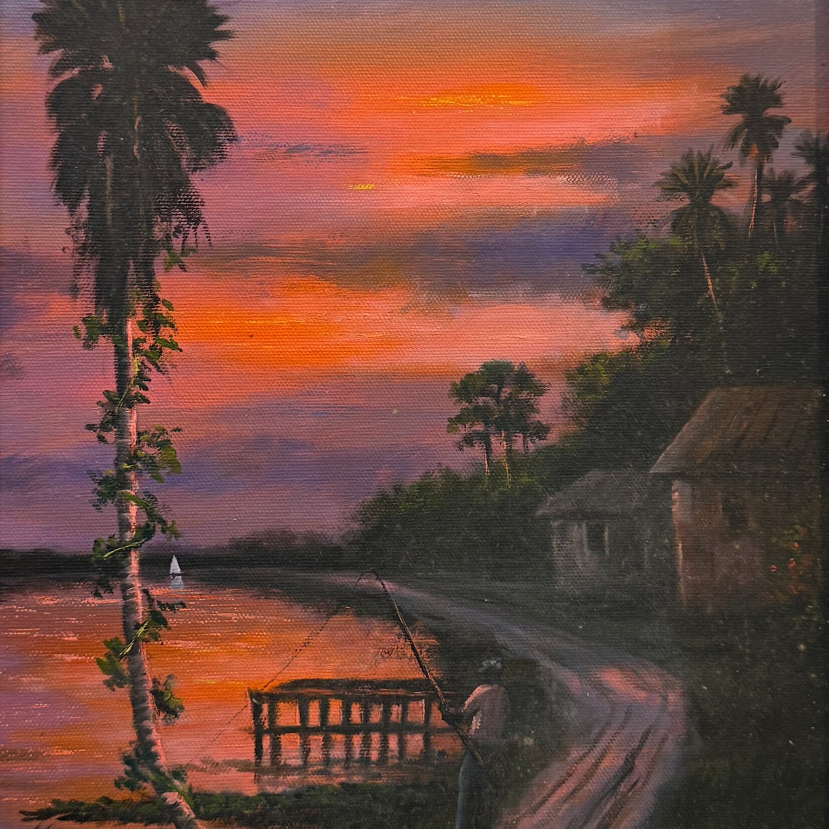 Highwaymen: Original, 2nd Generation, Legacy HIGHWAYMEN, RA Mclendon, Fire Sky with Fisherman, Oil on canvas, 14.5x18", RARE
