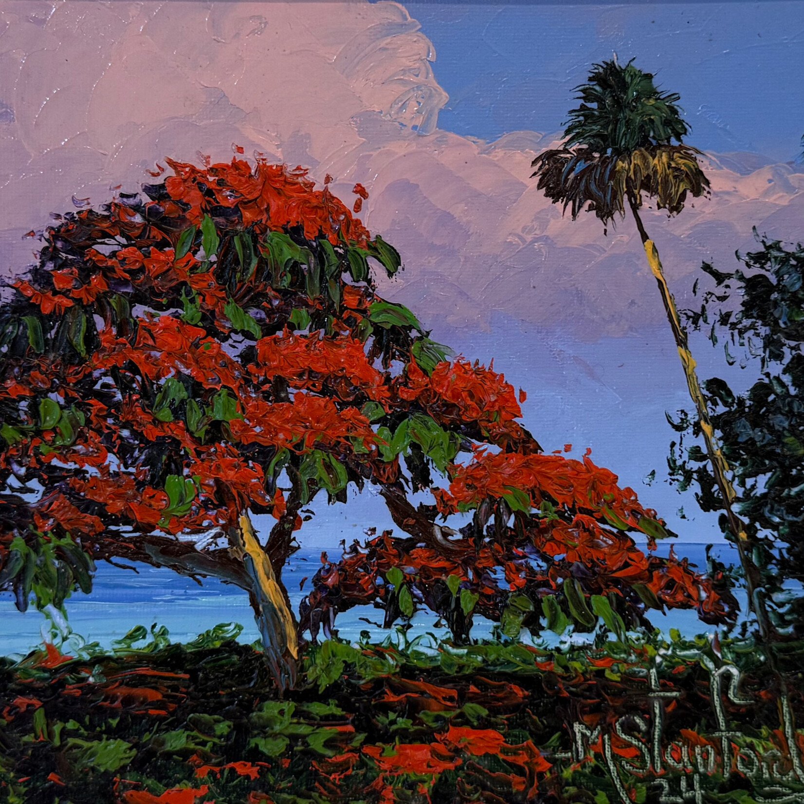 Highwaymen: Original, 2nd Generation, Legacy Royal Red Poinciana, Mark Stanford, orig oil on canvas, framed 15x13", RARE