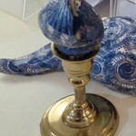 Pam Maschal Blue collaged shell on brass candlestick, PAMM