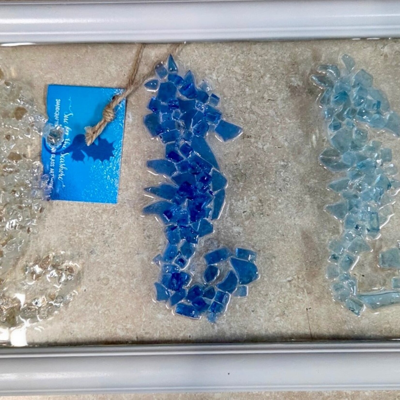 Sue by the Seashore Seahorses,  crushed glass, framed,22x10" SUES