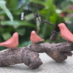 Molly Potter Thayer "Crystal Vision," 3 pink songbirds on driftwood, MOLT