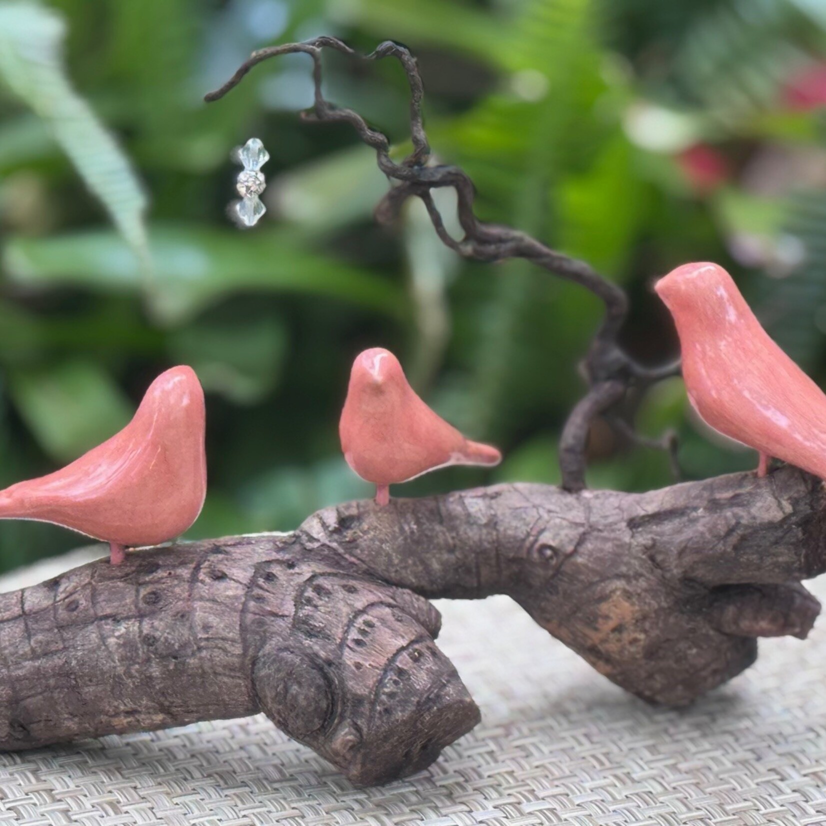 Molly Potter Thayer "Crystal Vision," 3 pink songbirds on driftwood, MOLT