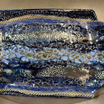 Ellen Robinson Tray. abstract green/blue, with handles, 10", EJAY