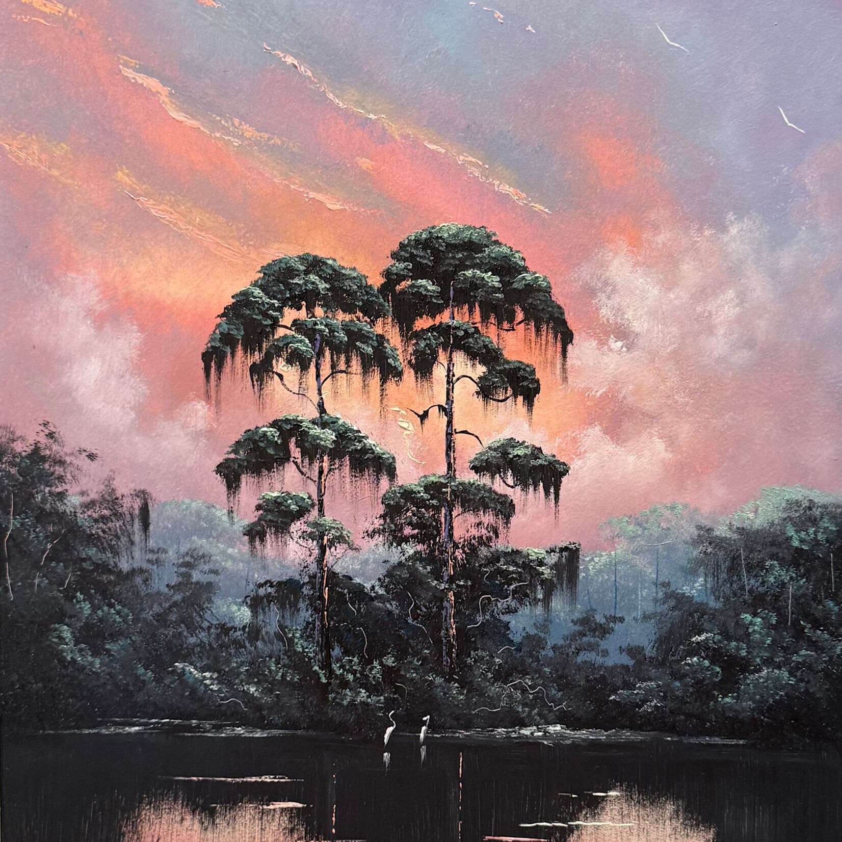 Rare Finds West Evans, "Twilight in the Swamp", oil on board, framed, 16x20", RARE