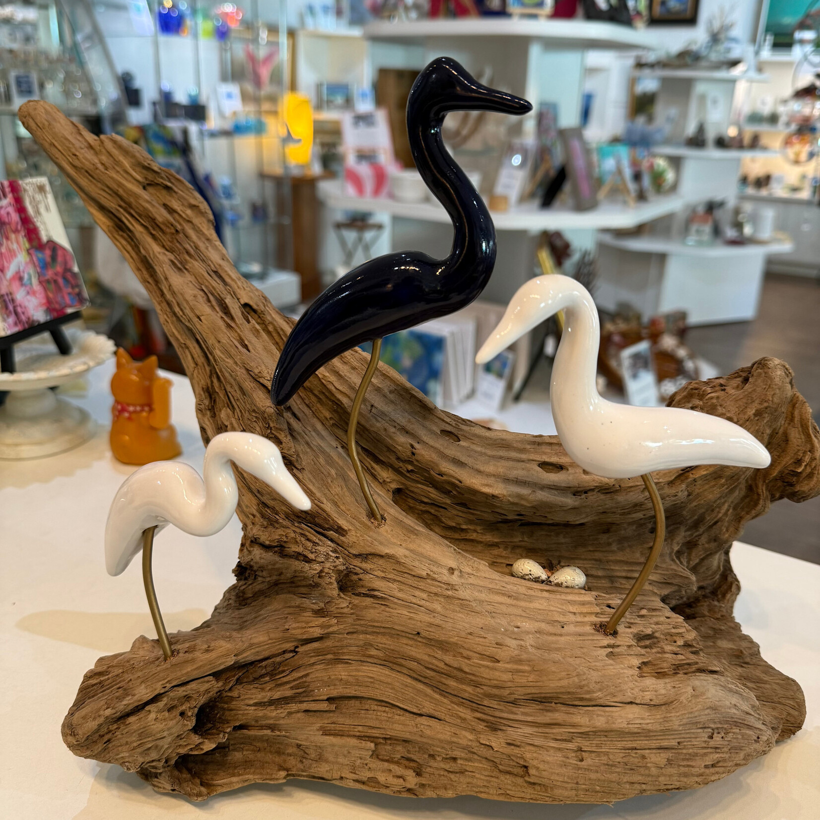 Molly Potter Thayer "Fishing Trio", driftwood w/ceramic birds, MOLT