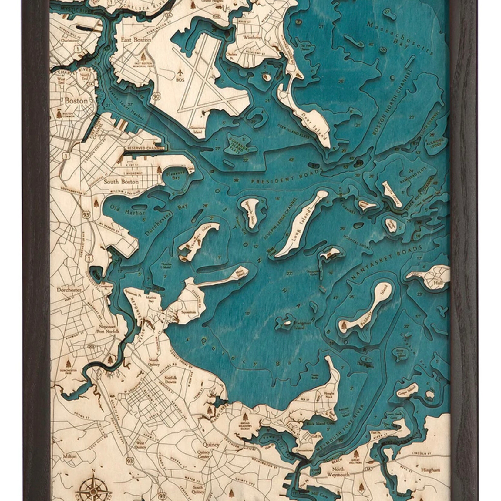 WoodChart Boston Harbor, small, 12x16", (Bathymetric 3-D Nautical WOODCHART)