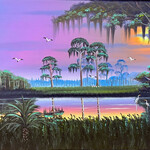 Highwaymen: Original, 2nd Generation, Legacy HIGHWAYMEN, Al Black, "Palms under a Yellow Moon" oil on canvas, 2011, 41x30 " framed, RARE