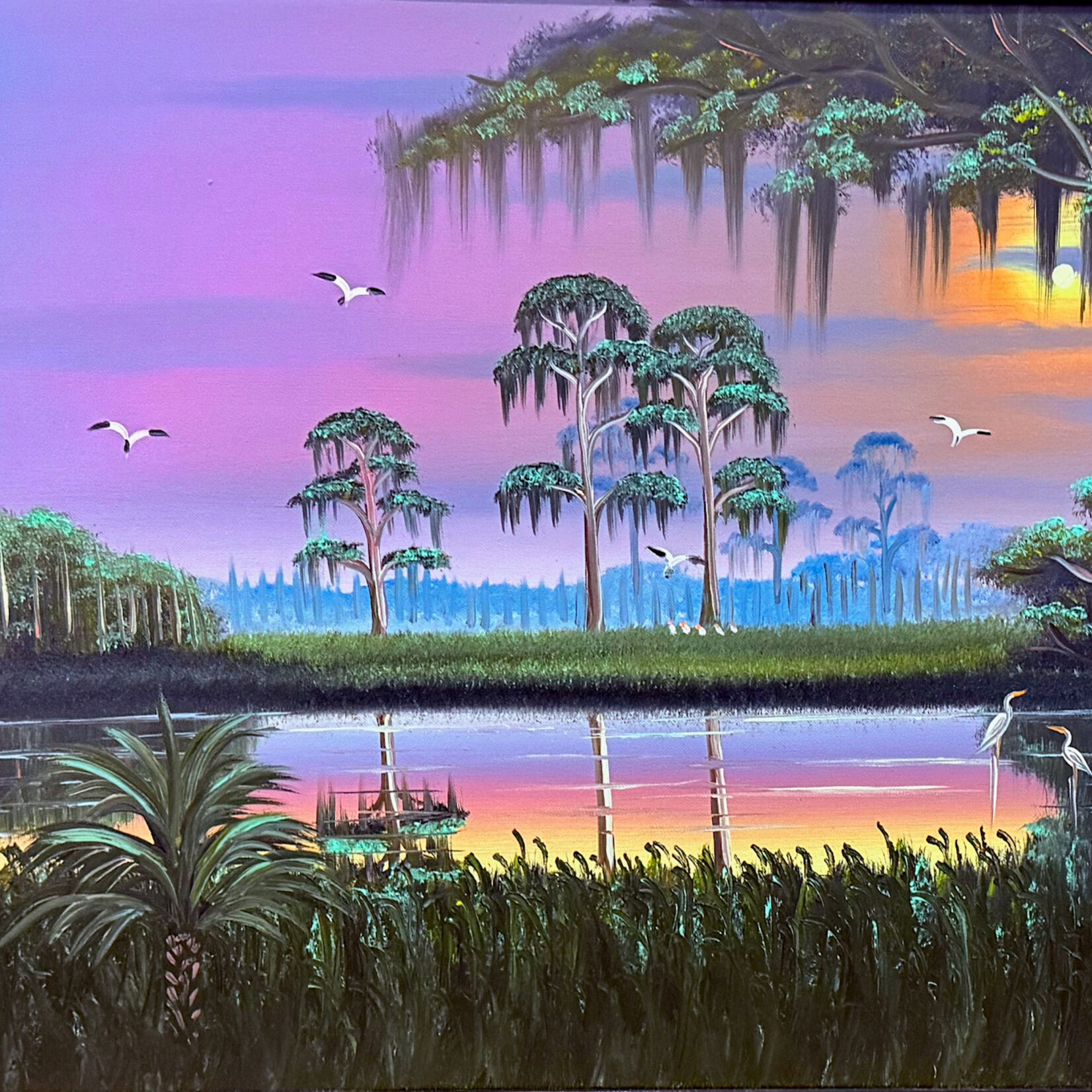 Highwaymen: Original, 2nd Generation, Legacy HIGHWAYMEN, Al Black, "Palms under a Yellow Moon" oil on canvas, 2011, 41x30 " framed, RARE