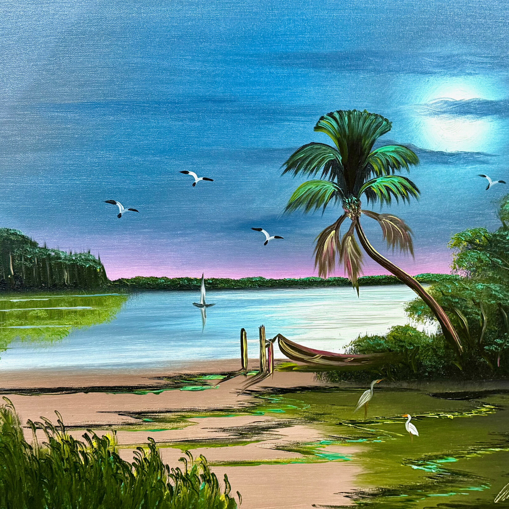 Highwaymen: Original, 2nd Generation, Legacy HIGHWAYMEN, Al Black, "Docked in Moonlight" oil on canvas, 2011, 35x30 " framed, RARE