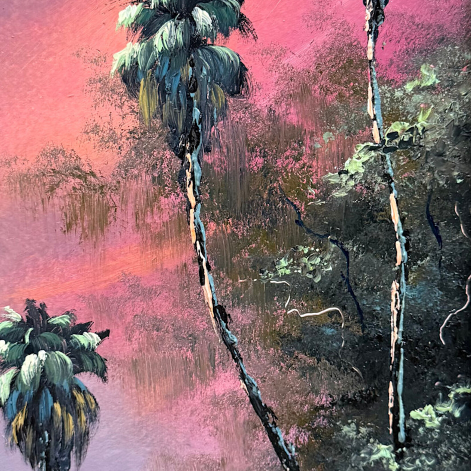 Rare Finds West Evans, "Egret w/Palms under a Fire Sky", oil on board, framed, 11x23", RARE