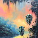 Rare Finds West Evans, "Cabbage Palms  under a Tangerine Sky", oil on board, framed, 23x19", RARE