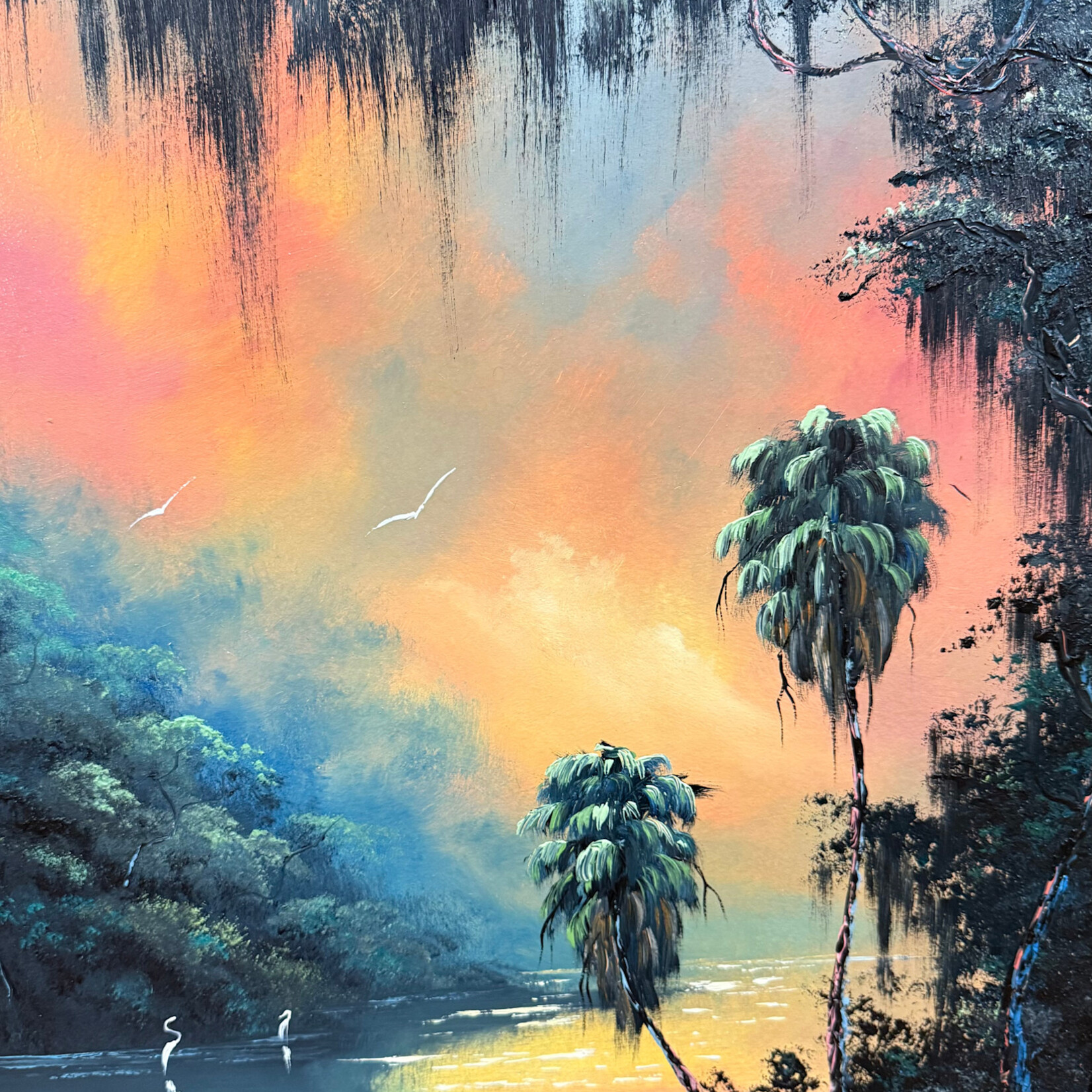 Rare Finds West Evans, "Cabbage Palms  under a Tangerine Sky", oil on board, framed, 23x19", RARE
