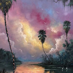 Rare Finds West Evans, "Purple Haze over Backwaters"  oil on board, framed, 23x29", RARE