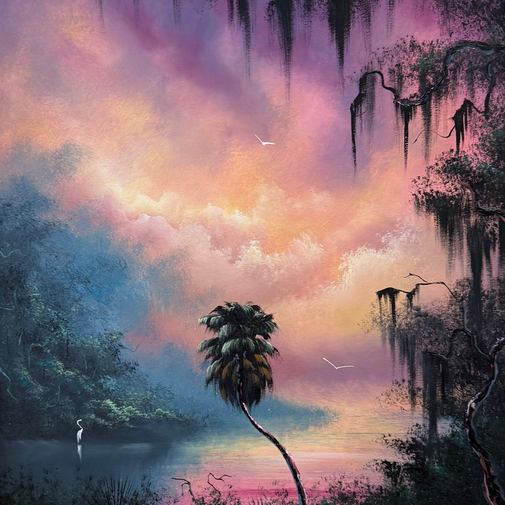 Rare Finds West Evans, "Twilight Lagoon w/Egret"  oil on board, framed, 23x27", RARE