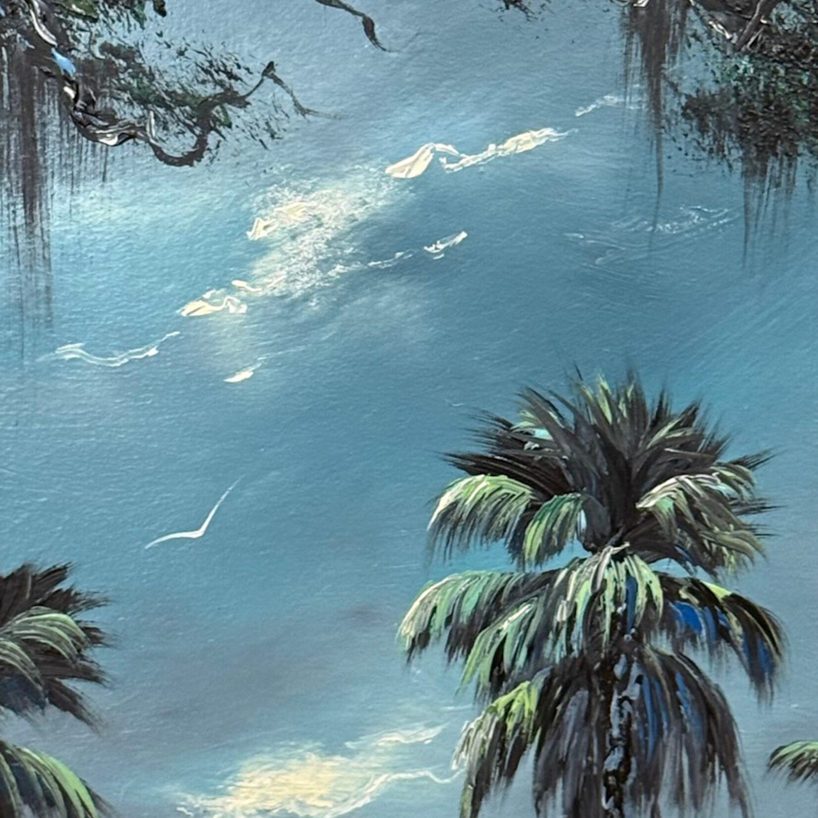 Rare Finds West Evans, "Moonlit Palms"  oil on board, framed, 9x19", RARE