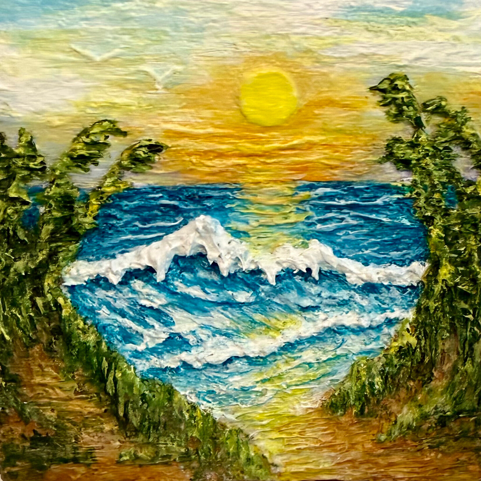 Carol Merritt "Heart of the Ocean", mixed media, w/easel, 4.5"sq., CARM