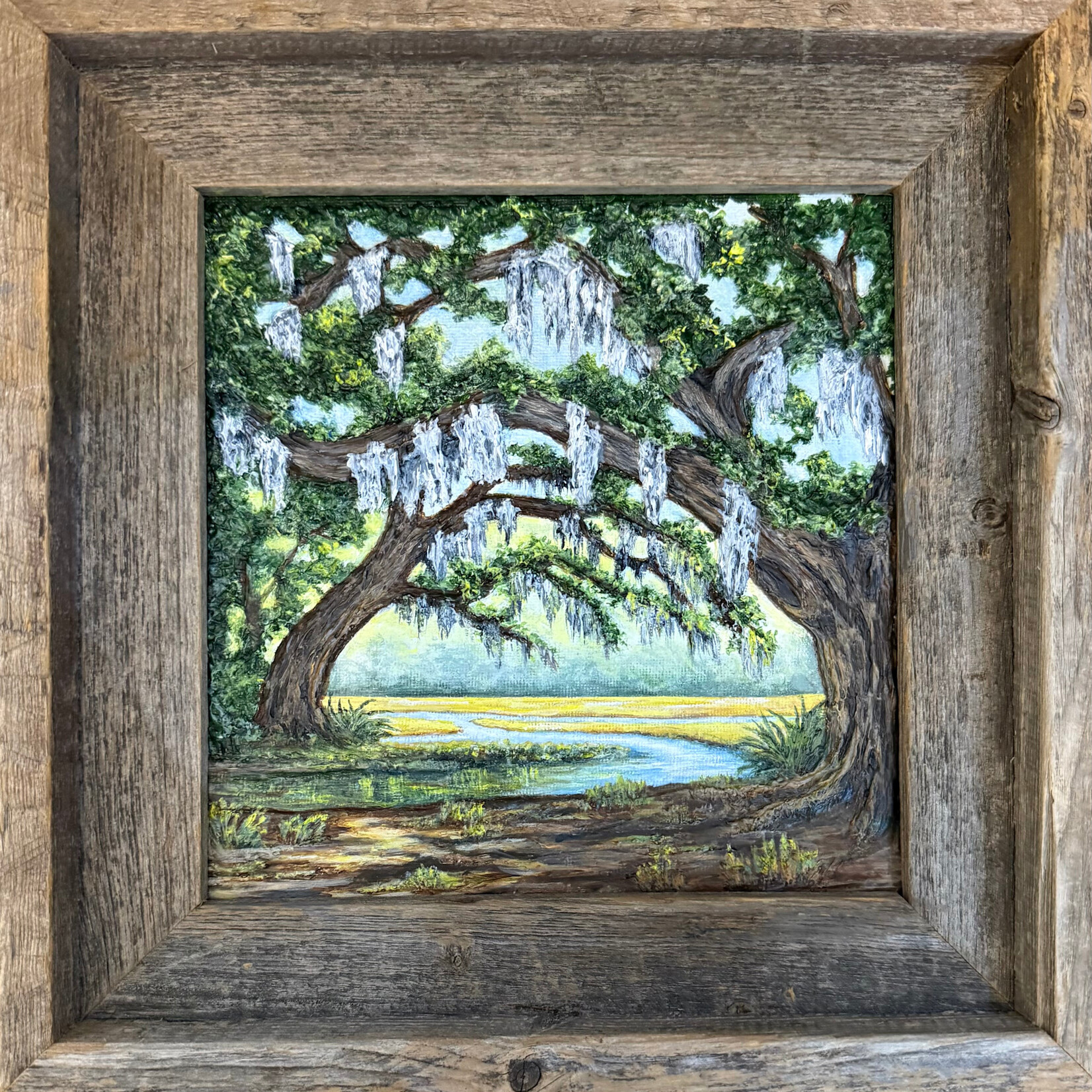 Carol Merritt "Lowcountry Oaks".  mixed media, 10.5", CARM