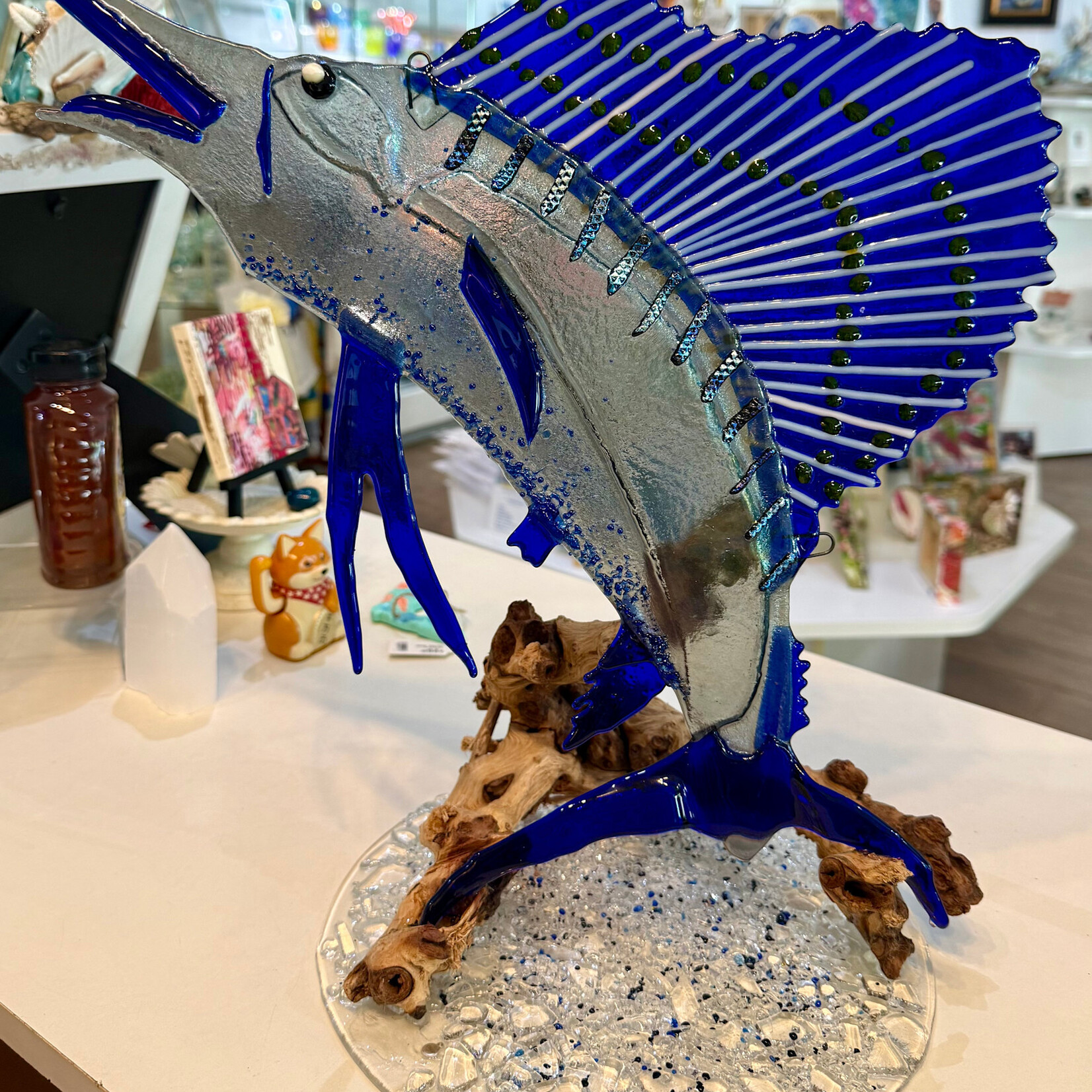 Pam Panella "Sapphire Sailfish," fused glass, 15x17", PAMP