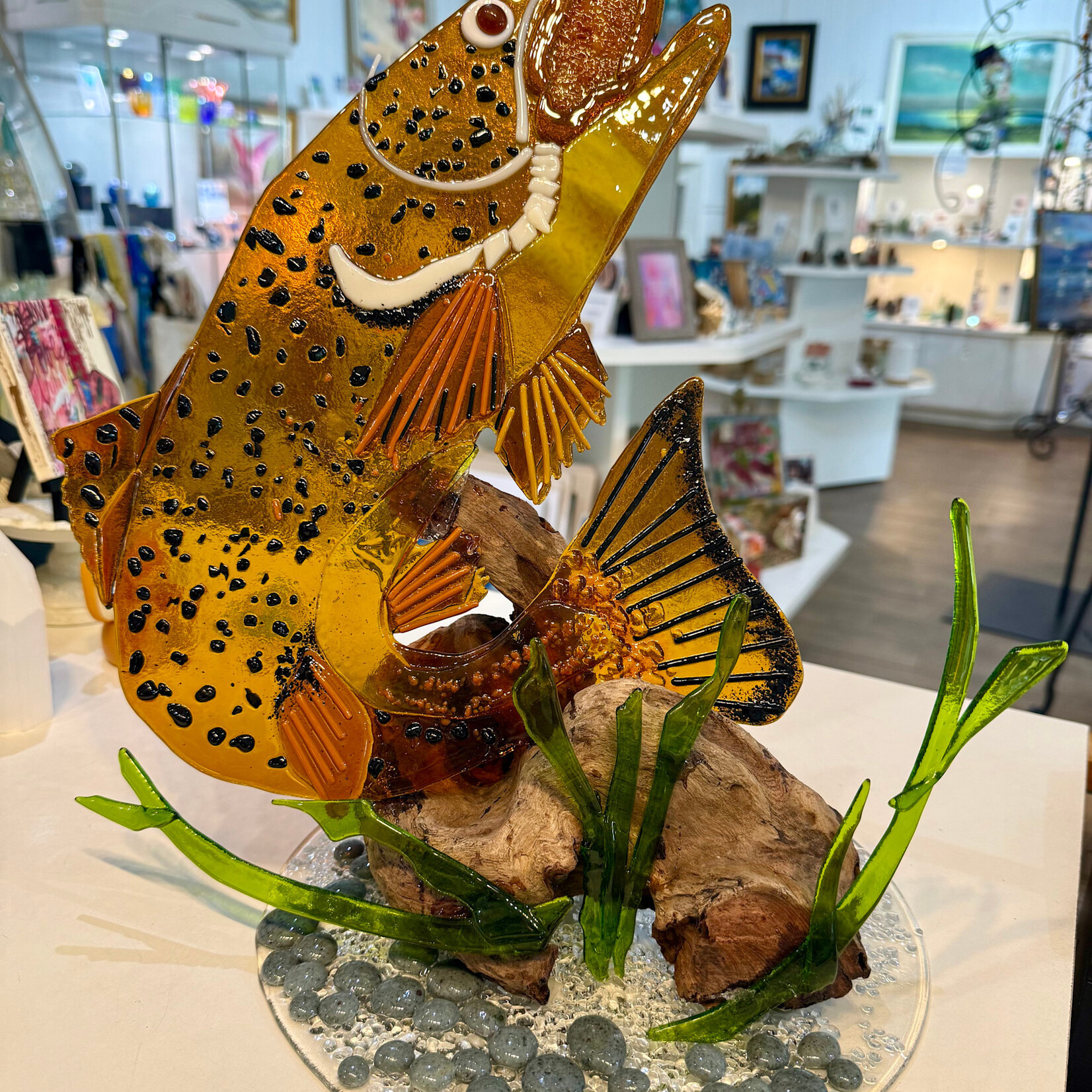 Pam Panella "Leaping Trout," fused glass, 15x17", PAMP