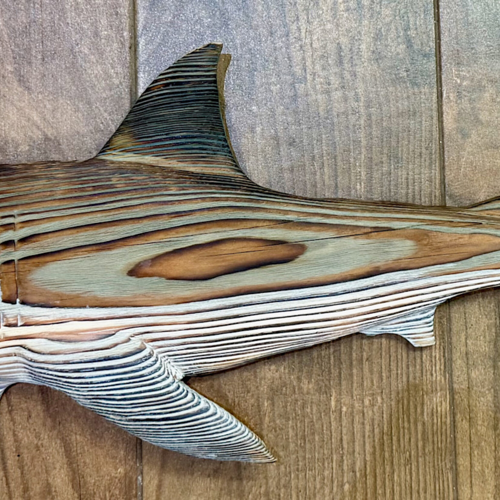 Sea Grain Wood Sculpture Great White Shark, Wood, Shou-sugi-ban technique, 30x11", MANN