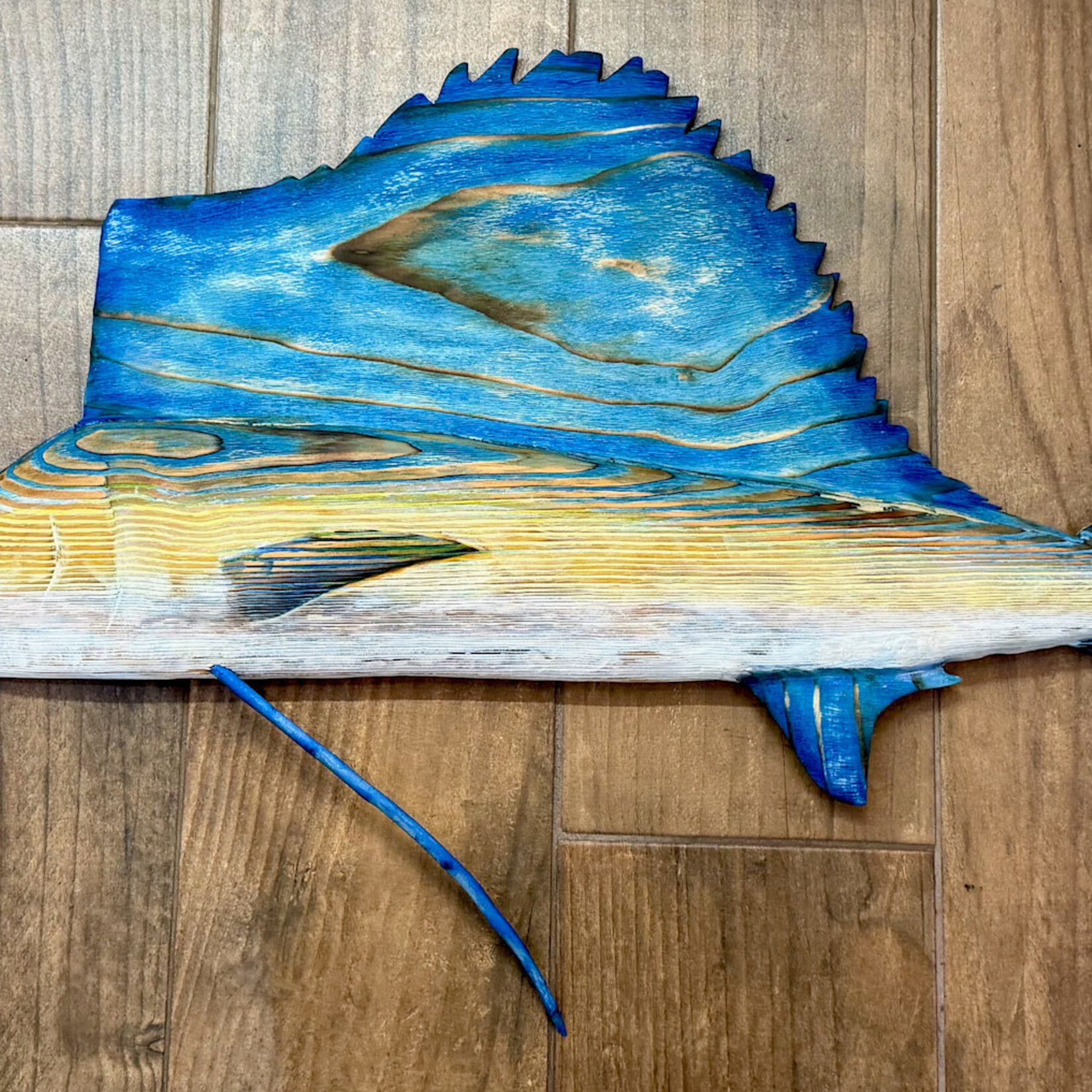 Sea Grain Wood Sculpture Sailfish, Wood, Shou-sugi-ban technique, 45"x24", MANN