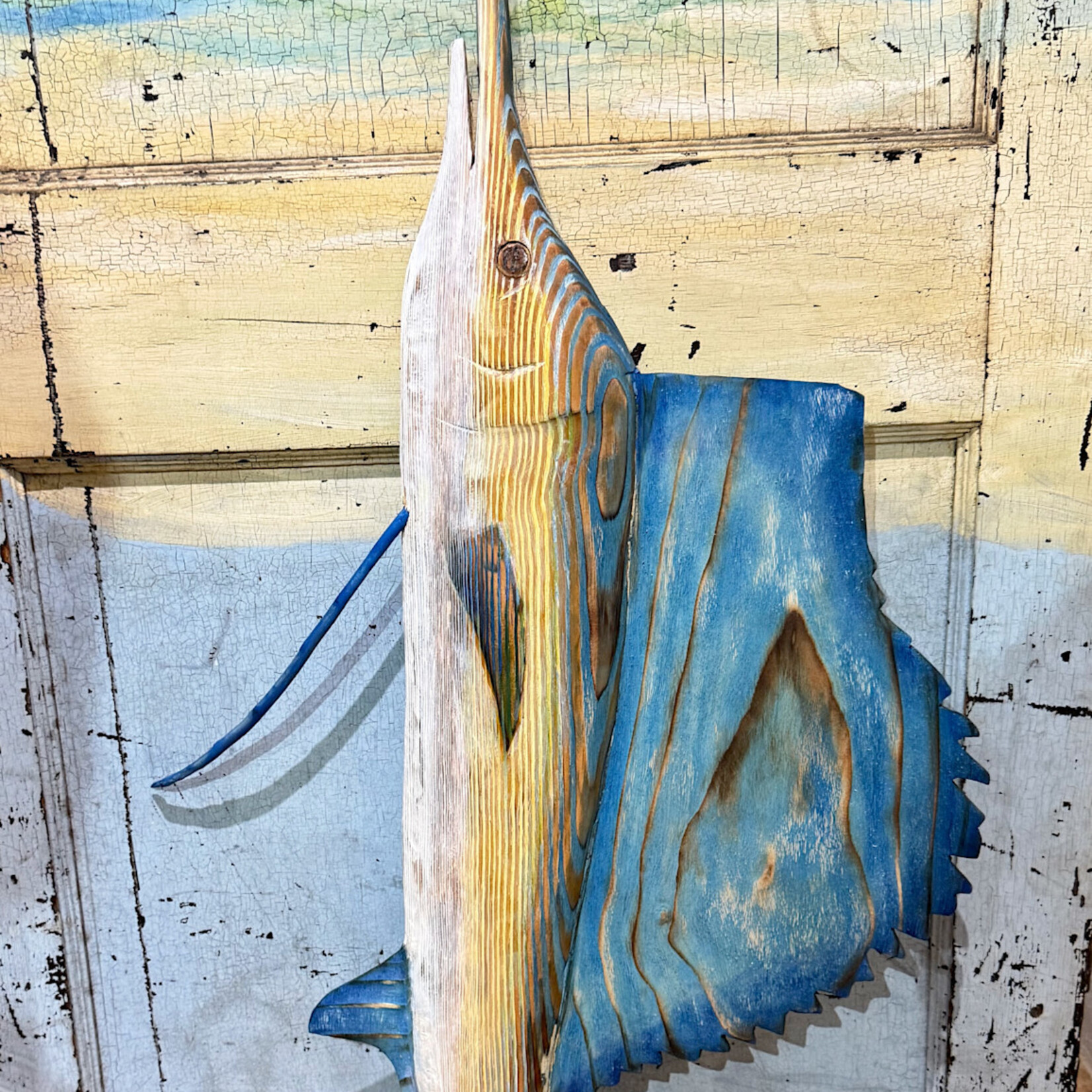 Sea Grain Wood Sculpture Sailfish, Wood, Shou-sugi-ban technique, 45"x24", MANN