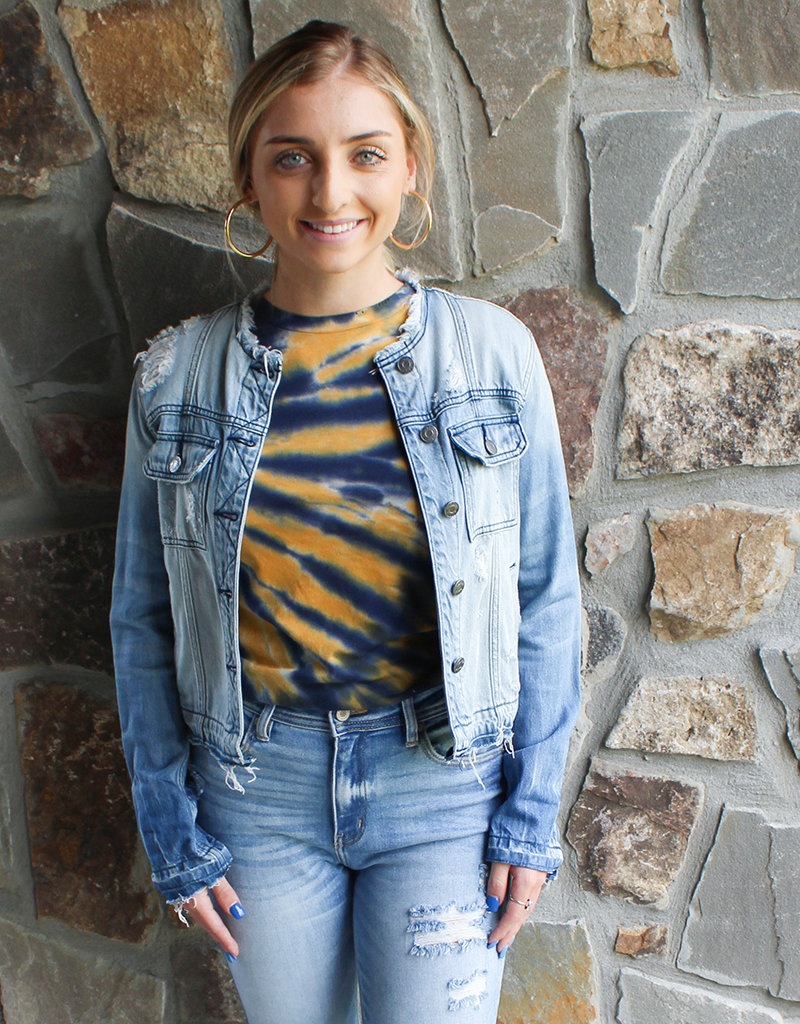 collarless jean jacket