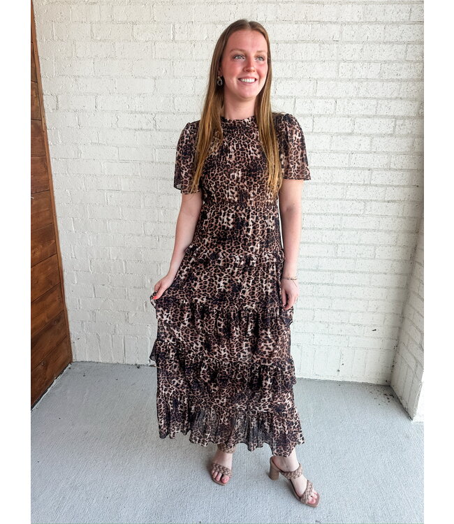 LEOPARD MESH TIER DRESS