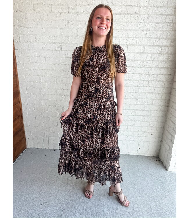 LEOPARD MESH TIER DRESS