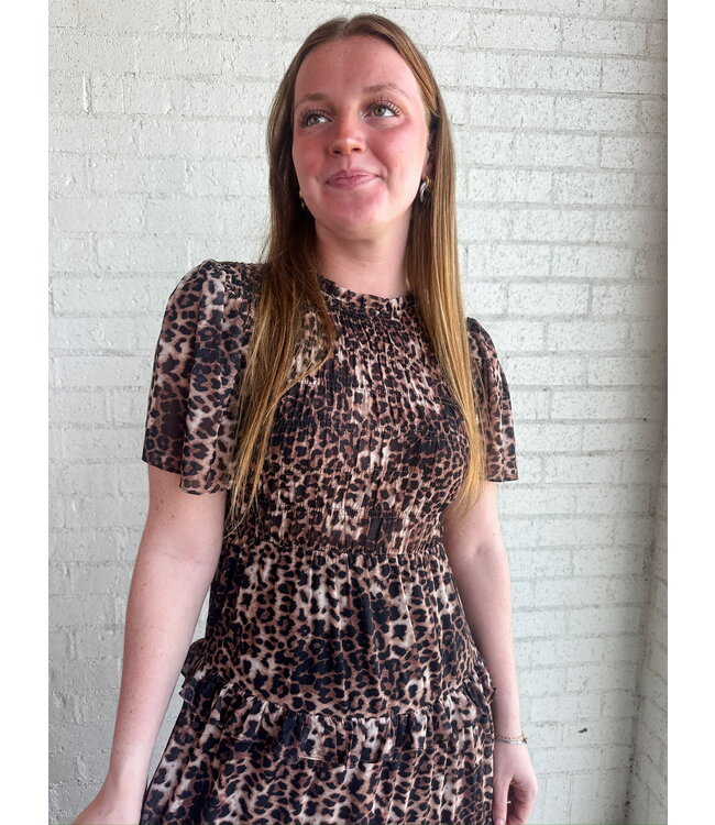 LEOPARD MESH TIER DRESS