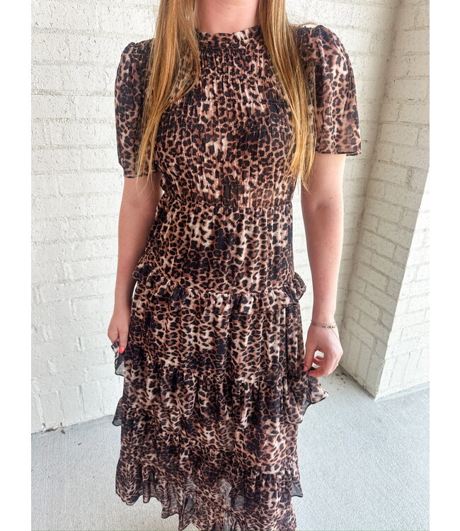 LEOPARD MESH TIER DRESS
